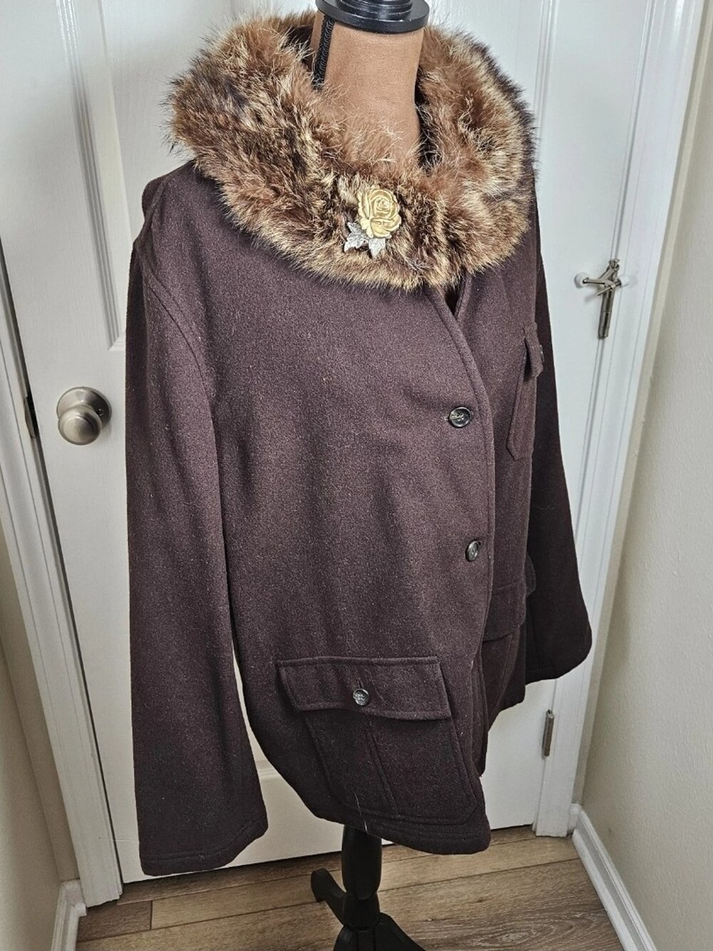 J.Crew Wool Coat Jacket Brown Fur Collar Button Front Women's Size Large VTG